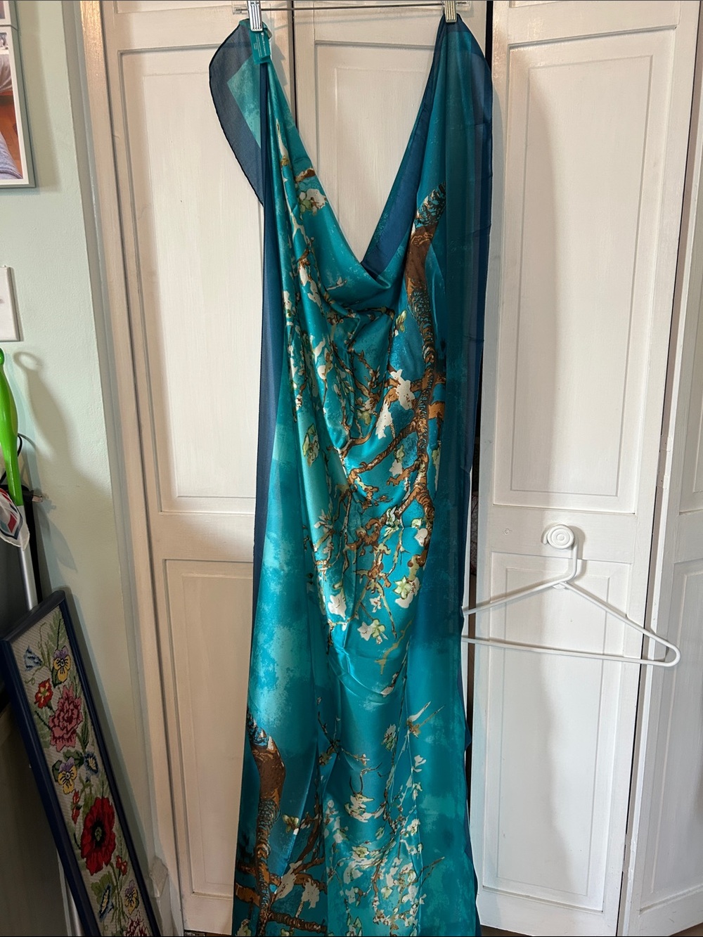 Silk-Feel Teal Van Gough Floral Print Draped Scarf - Unbranded